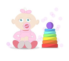 Baby girl with pyramid toy. Small child with pacifier. Happy and sweet little kid in diaper. Girl with toy pyramid on white background.
