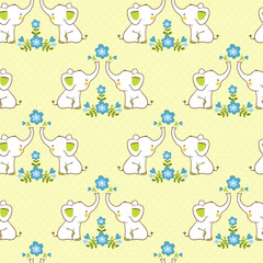 Cute floral seamless pattern with elephants. Childish vector background. Baby pattern.
