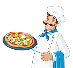 Caucasian chef holding pizza. Plate with pizza. Ingredients as cheese, tomatoes, greens. Fresh and delicious.