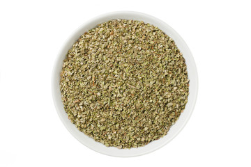 overhead shot of tea leaves in bowl.