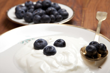gesundes vitaminreiches Frühstück mit Joghurt und Blaubeeren