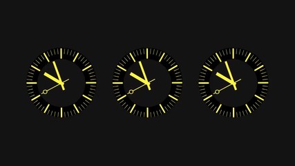 Three synchronized clocks on dark background