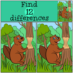 Children games: Find differences. Little cute beaver stands near the tree. © ya_mayka