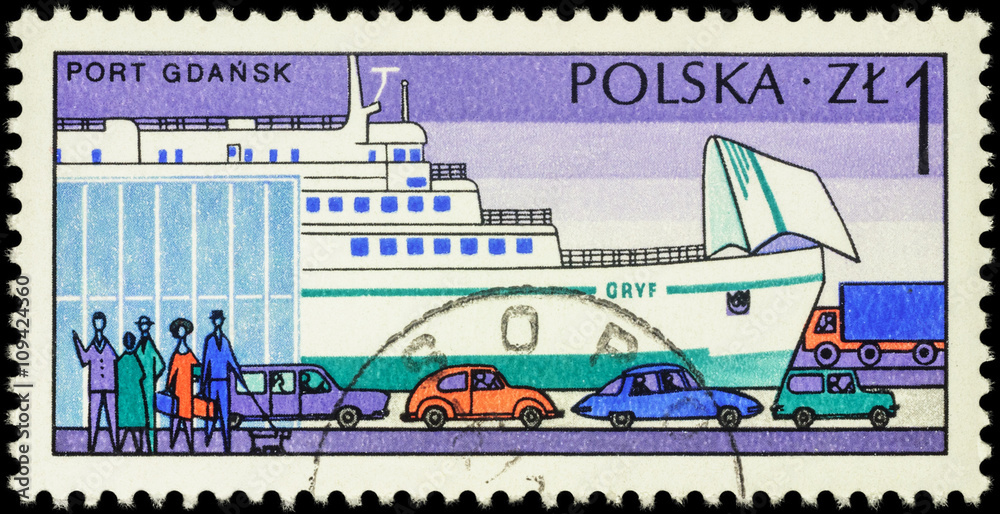 Wall mural Marine Station in Polish Gdansk on postage stamp