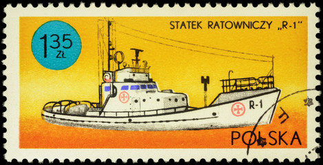 Polish rescue vessel R-1 on postage stamp