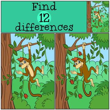 Children games: Find differences. Little cute monkey hangs in the tree and smiles.