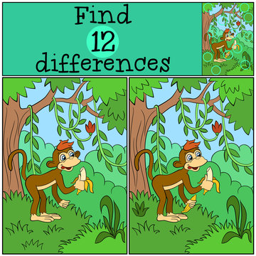 Children Games: Find Differences. Little cute monkey stands and holds banana.