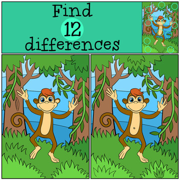 Children games: Find differences. Little cute monkey runs and smiles in the forest..