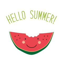 Cute card Hello summer as funny hand drawn cartoon character of watermelon and hand written text