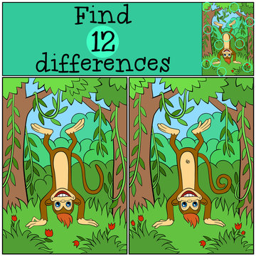 Children games: Find differences. Little cute monkey stands upside down and smiles.