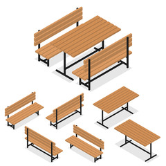 Benches and a table. Flat isometric. A place for rest