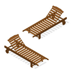 Sunbed for relaxing and sunbathing. Wooden beach bench.