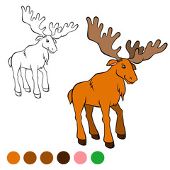Coloring page. Color me: beaver.  Cute kind elk stands and smiles.