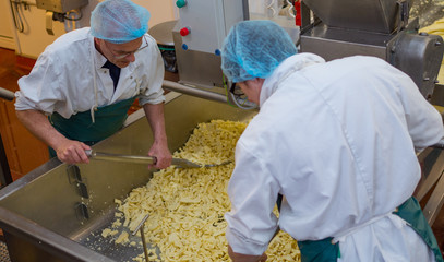 Two men shovelling cheese strands in a cheese making factory