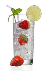 glass full of ice cubes with strawberries and decorated with lemon slice and peppermint.