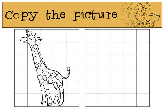 Children games: Copy the picture. Little cute giraffe stands and smiles.