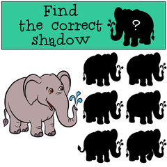 Children games: Find the correct shadow. Cute elephaht stands and smiles.