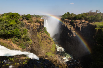 Victoria Falls in October with rainbow crossing