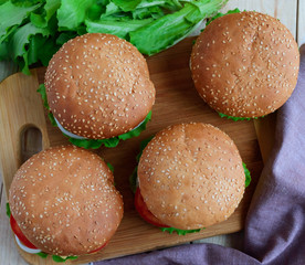 Sandwich home of the hamburger buns soft. The top view. Four pieces.