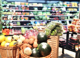 Abstract blur super market. Shelf with fresh fruits and vegetables. Blurry