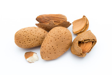 Group of almond nuts. Isolated on a white background.