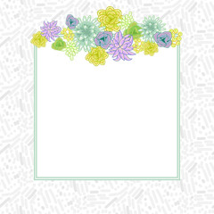 Flower square card template vector. Mums, roses and succulents wedding invitation or greeting card top design. Green and purple violet flower decor.