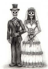 Fototapeta na wymiar Sugar skull couple love wedding day of the dead design by hand pencil drawing on paper.