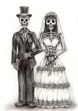 Sugar skull couple love wedding day of the dead design by hand pencil drawing on paper.