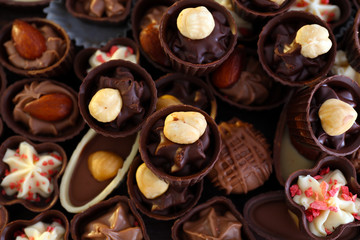Delicious chocolate candies background, close up