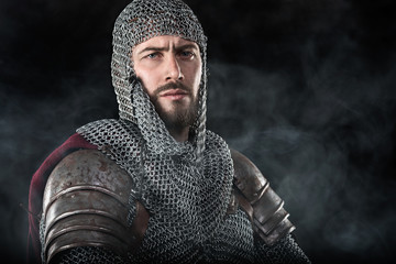 Medieval Warrior with chain mail armour and red Cloak - obrazy, fototapety, plakaty