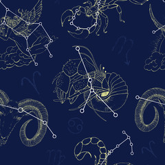 Seamless pattern with Zodiacs sign Aries, Scorpio, Virgo and Cancer