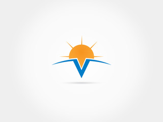 V letter with sun morning backgroung modern logo