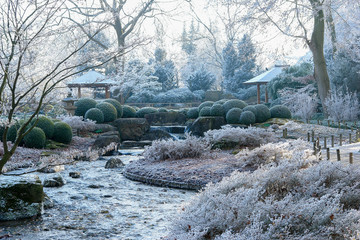 lichte, mystische Morgenstimmung im Winter mit Schnee und Reif, im Japanischen Garten Augsburg