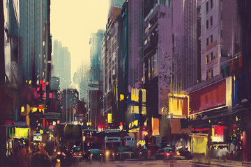 City traffic and colorful light in Hong Kong,illustration painting