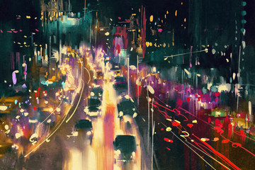 light trails on the street at night,illustration digital painting © grandfailure
