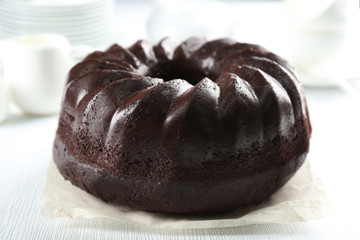 Chocolate muffin cake, on the table, close-up