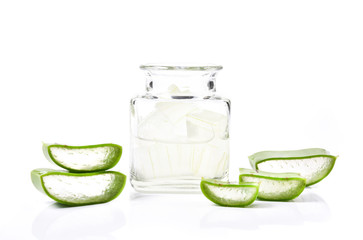 A glass bowl full of freshly picked Aloe vera plant, peeled and