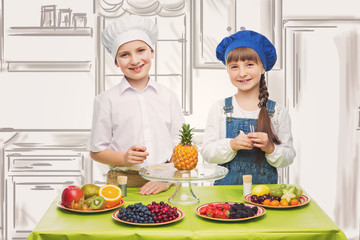 Children making fruit snacks