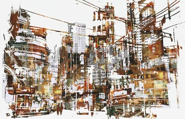 Tuinposter illustration painting of urban city with grunge texture © grandfailure