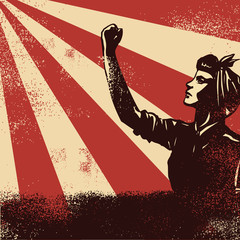 Revolution Poster, woman worker raising fists on sunbeam backgound, vector