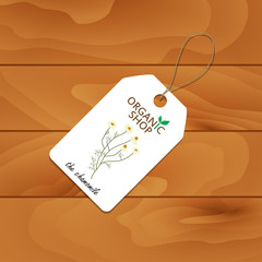 A set of tags. Discount price. Organic food. Useful organic herb