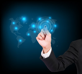 Businessman hand writing on a touch screen interface