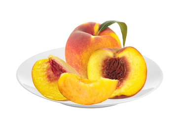Sweet peaches on white plate isolated on white