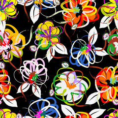 floral seamless pattern background, with strokes, summer flowers