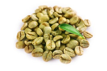 Green coffee beans on white background