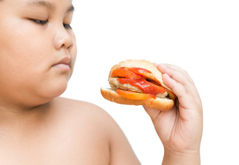 pork cheese Hamburger in obese fat boy hand isolated