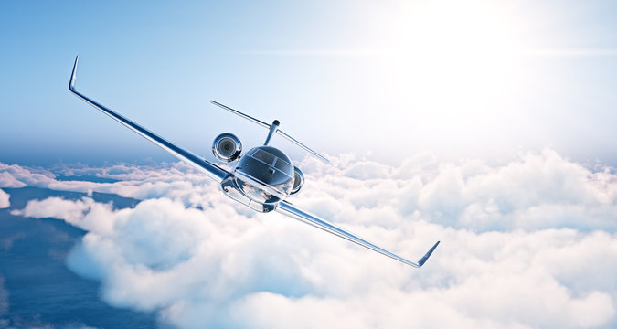 Image of black luxury generic design private jet flying in blue sky at sunset. Huge white clouds background. Business travel picture. Horizontal . 3d rendering