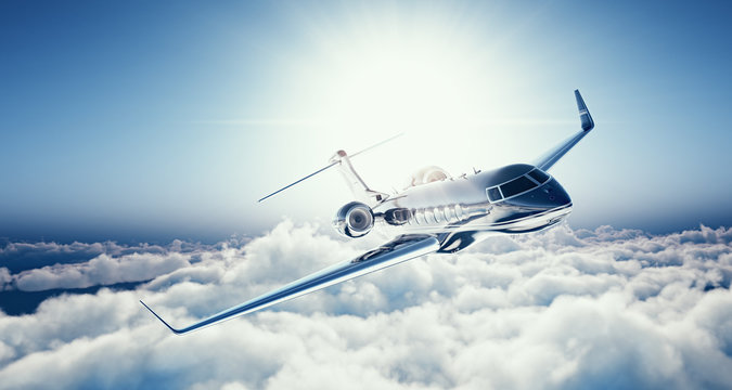 Image of black luxury generic design private jet flying in blue sky at sunset. Huge white clouds background. Luxury travel concept. Horizontal. 3d rendering