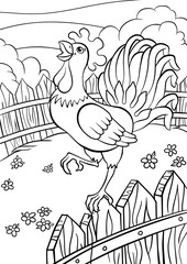 Cute rooster stands on the fence and cries.