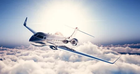 Foto op Plexiglas Photo of black luxury generic design private jet flying in blue sky. Huge white clouds and sun at background. Business travel concept. Horizontal. 3d rendering © SFIO CRACHO